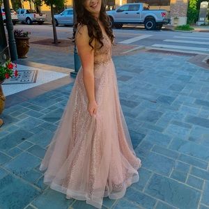 Pink Beaded & Sparkly V-Neck Ball Gown